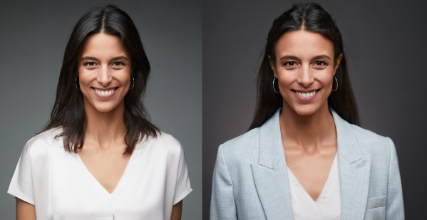 Side-by-side comparison of a polished corporate headshot versus an informal photo.