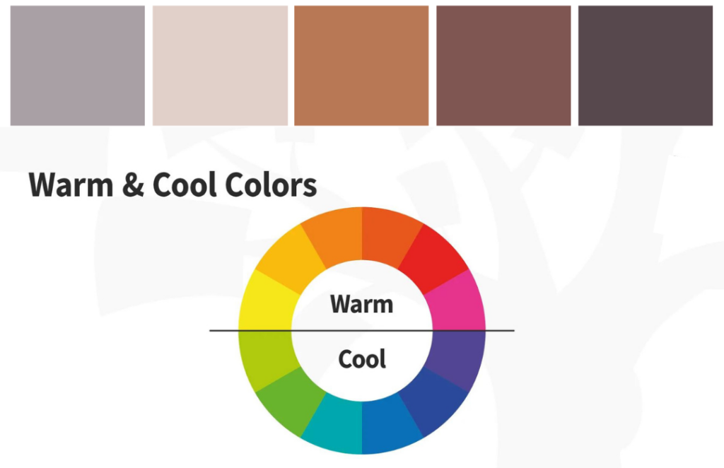 A color palette of cool and warm tones alongside models showing how these colors complement different skin tones.