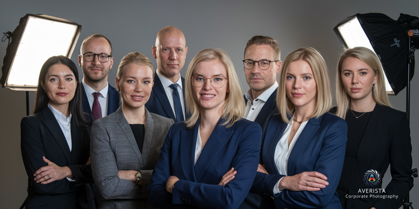 A professional group portrait of eight businesspeople, including men and women, dressed in formal business attire, standing confidently in a photography studio with softbox lights in the background.