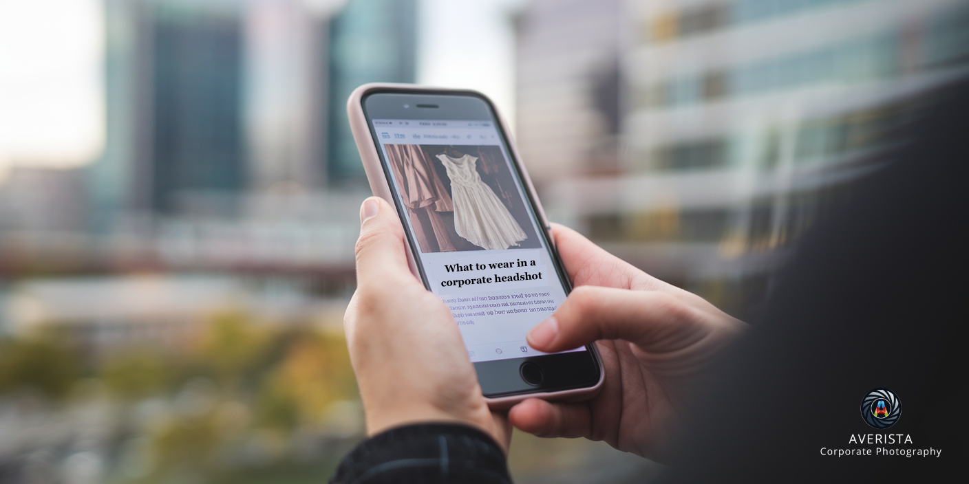 Close-up of a person holding a smartphone while browsing an article about finding the perfect dress.