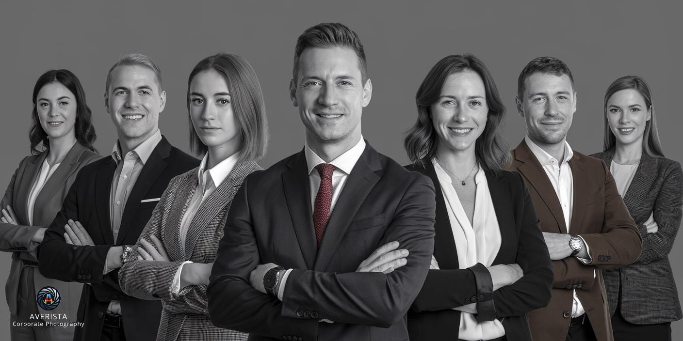 A professional corporate team in a modern office setting. The group consists of diverse individuals showcasing polished headshots, standing confidently.